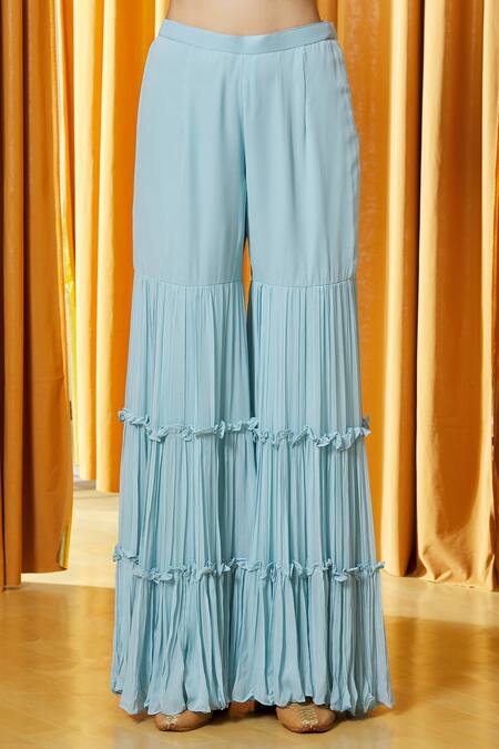 Shop_Aariyana Couture_Sky Blue Chanderi, Georgette Crystals, Peplum Kurta Set With Asymmetric Jacket