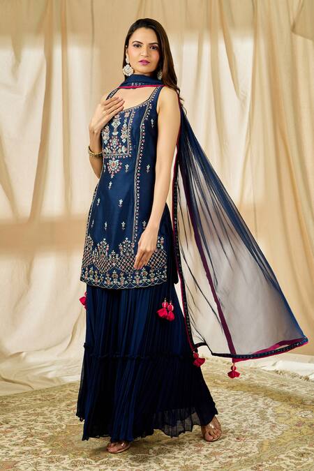Alaya Advani Blue Chanderi Embroidered Kurta Palazzo Set Online at Aza Fashions Alaya Advani_Blue Chanderi Embroidered Kurta Palazzo Set_Online_at_Aza_Fashions