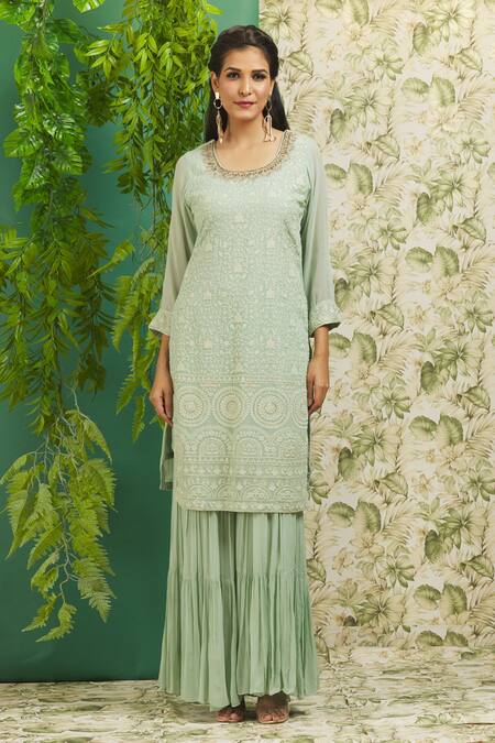 Buy_Aariyana Couture_Blue Georgette, Net Embroidery Round Neck Floral Kurta Set_Online_at_Aza_Fashions