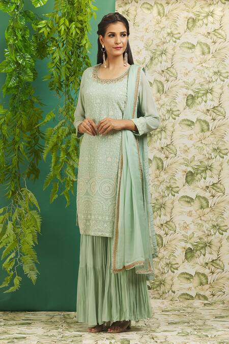 Shop_Aariyana Couture_Blue Georgette, Net Embroidery Round Neck Floral Kurta Set_Online_at_Aza_Fashions
