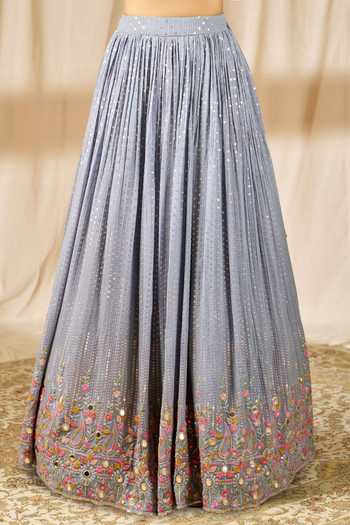 Aariyana Couture_Grey Denim, Georgette, Net Sequins, Mirrors, Beads Embroidered Lehenga Set_at_Aza_Fashions