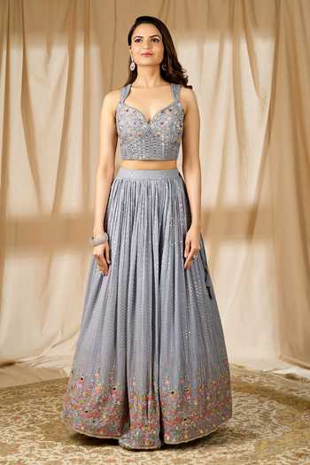 Aariyana Couture_Grey Denim, Georgette, Net Sequins, Mirrors, Beads Embroidered Lehenga Set_Online_at_Aza_Fashions