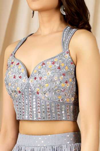 Shop_Aariyana Couture_Grey Denim, Georgette, Net Sequins, Mirrors, Beads Embroidered Lehenga Set_Online_at_Aza_Fashions