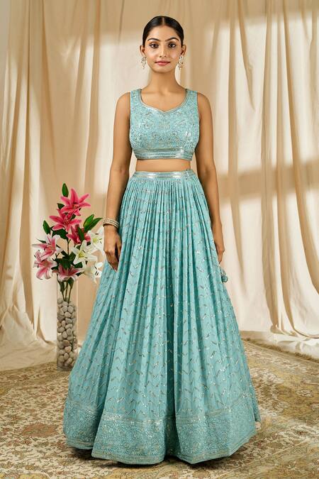 Buy_Alaya Advani_Blue Blouse Dupion Silk, Lehenga And Dupatta Georgette Chevron Pattern Set_Online_at_Aza_Fashions