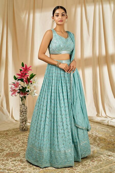 Alaya Advani_Blue Blouse Dupion Silk, Lehenga And Dupatta Georgette Chevron Pattern Set_at_Aza_Fashions