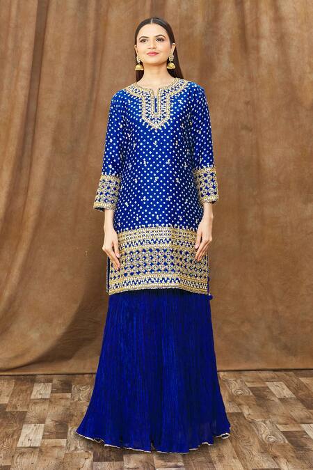 Surbhi Shah_Blue Silk, Organza Embroidery, Gota Patti, Bandhej Pattern Kurta Skirt Set _at_Aza_Fashions