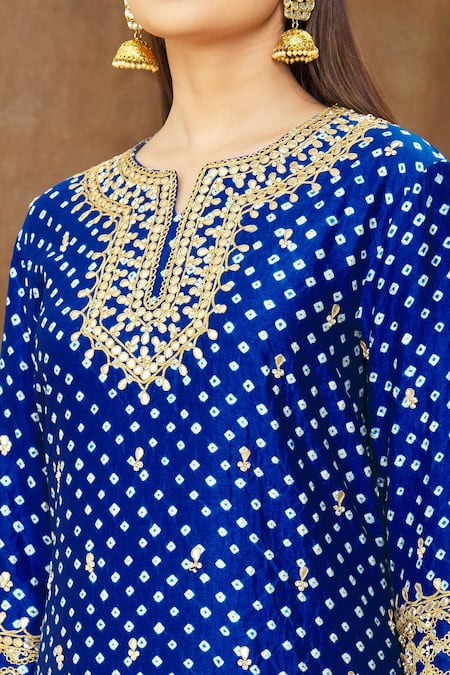 Surbhi Shah_Blue Silk, Organza Embroidery, Gota Patti, Bandhej Pattern Kurta Skirt Set _Online_at_Aza_Fashions