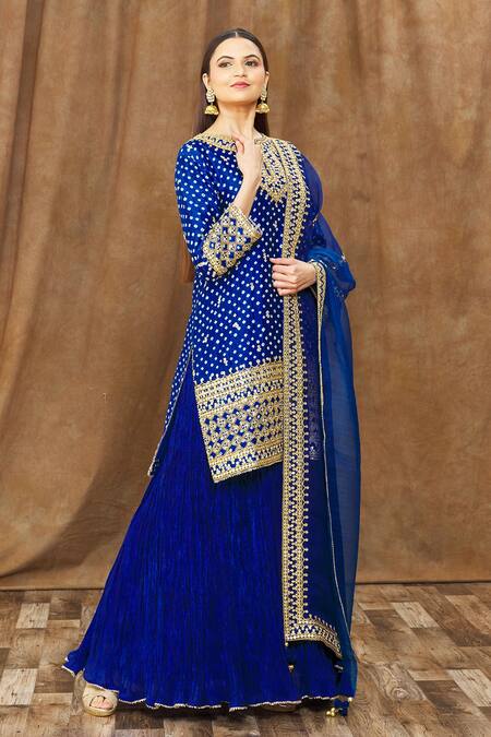 Buy_Surbhi Shah_Blue Silk, Organza Embroidery, Gota Patti, Bandhej Pattern Kurta Skirt Set _Online_at_Aza_Fashions