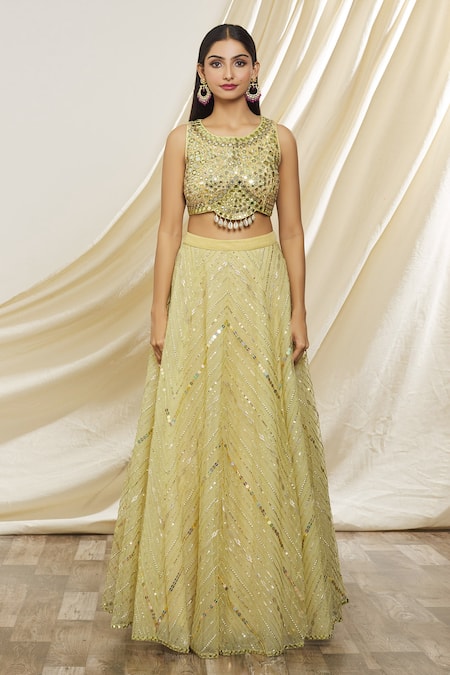 Yoshita Couture_Green Georgette, Net Mirrors, Sequins, Beads Abrina Embroidered Lehenga Set _at_Aza_Fashions