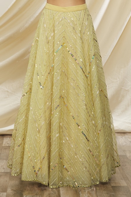 Yoshita Couture_Green Georgette, Net Mirrors, Sequins, Beads Abrina Embroidered Lehenga Set _Online_at_Aza_Fashions