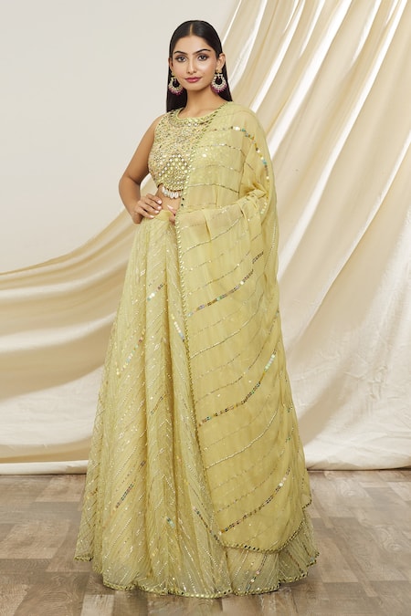 Buy_Yoshita Couture_Green Georgette, Net Mirrors, Sequins, Beads Abrina Embroidered Lehenga Set _Online_at_Aza_Fashions