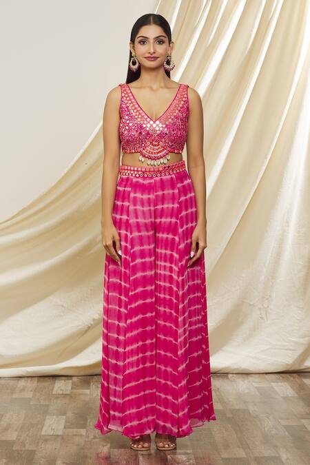 Buy_Yoshita Couture_Pink Georgette Embroidery, Sequins V-neck Aarya Cape And Tie Dye Sharara Set 