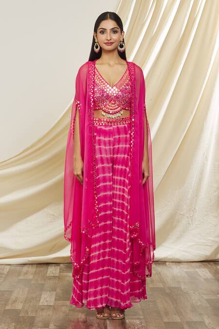 Buy_Yoshita Couture_Pink Georgette Embroidery, Sequins V-neck Aarya Cape And Tie Dye Sharara Set _Online_at_Aza_Fashions