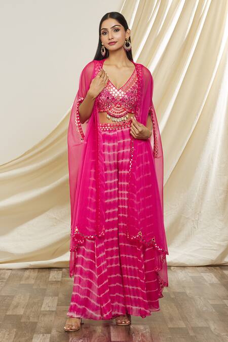 Shop_Yoshita Couture_Pink Georgette Embroidery, Sequins V-neck Aarya Cape And Tie Dye Sharara Set _Online_at_Aza_Fashions