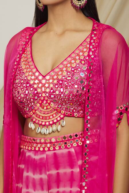 Yoshita Couture_Pink Georgette Embroidery, Sequins V-neck Aarya Cape And Tie Dye Sharara Set _at_Aza_Fashions