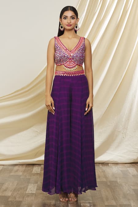 Buy_Yoshita Couture_Purple Georgette Embroidery, Mirrors V-neck Nori Cape And Tie Dye Sharara Set 