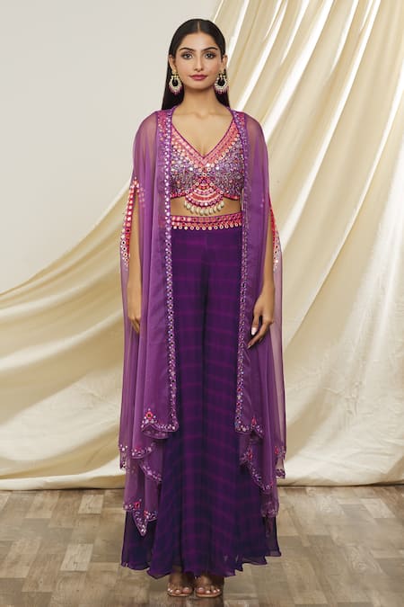 Yoshita Couture_Purple Georgette Embroidery, Mirrors V-neck Nori Cape And Tie Dye Sharara Set _Online_at_Aza_Fashions