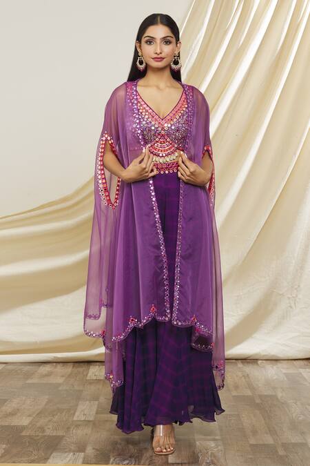 Buy_Yoshita Couture_Purple Georgette Embroidery, Mirrors V-neck Nori Cape And Tie Dye Sharara Set _Online_at_Aza_Fashions
