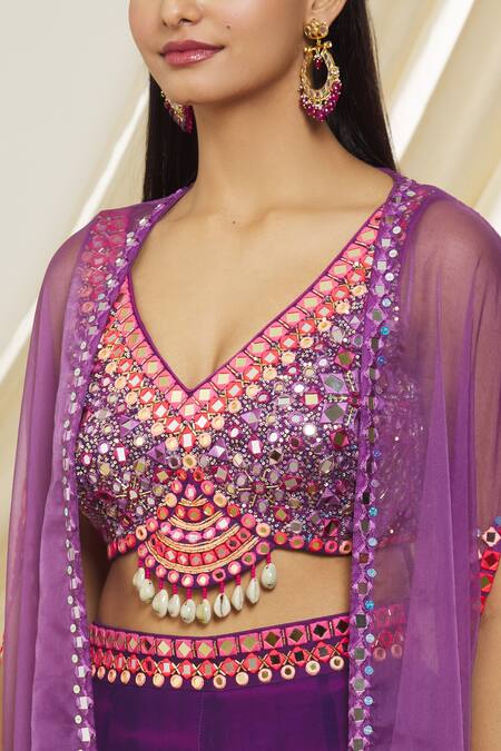 Shop_Yoshita Couture_Purple Georgette Embroidery, Mirrors V-neck Nori Cape And Tie Dye Sharara Set _Online_at_Aza_Fashions