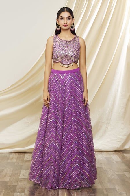 Yoshita Couture_Purple Georgette, Net Sequins, Mirrors, Beads Sabrina Embroidered Lehenga Set _Online_at_Aza_Fashions