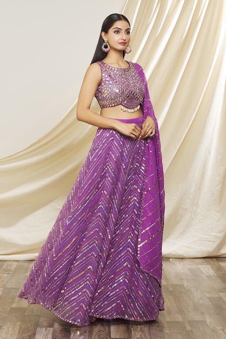 Shop_Yoshita Couture_Purple Georgette, Net Sequins, Mirrors, Beads Sabrina Embroidered Lehenga Set _Online_at_Aza_Fashions