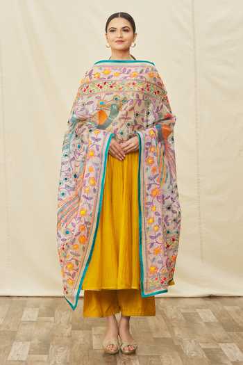 Shop_Naintara Bajaj_Multi Color Kota Doria Embroidery Bird And Floral Pattern Phulkari Dupatta_Online_at_Aza_Fashions