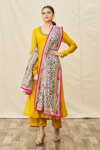 Shop_Naintara Bajaj_Multi Color Silk Embroidery Floral Vine Pattern Phulkari Dupatta_Online_at_Aza_Fashions