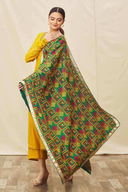 Naintara Bajaj_Multi Color Cotton, Silk Embroidery Geometric Phulkari Work Dupatta_Online_at_Aza_Fashions