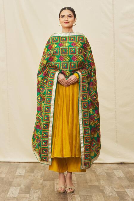 Shop_Naintara Bajaj_Multi Color Cotton, Silk Embroidery Geometric Phulkari Work Dupatta_Online_at_Aza_Fashions