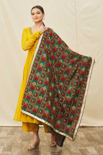Naintara Bajaj_Multi Color Silk Embroidery Geometrical Phulkari Dupatta_Online_at_Aza_Fashions