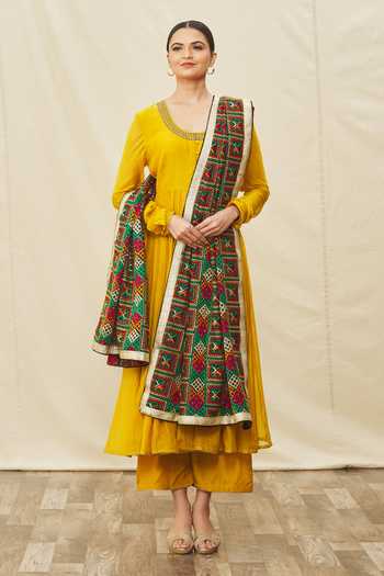 Shop_Naintara Bajaj_Multi Color Silk Embroidery Geometrical Phulkari Dupatta_Online_at_Aza_Fashions