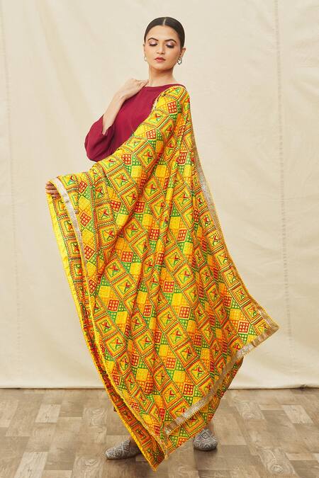 Naintara Bajaj_Multi Color Cotton, Silk Embroidery Geometric Phulkari Work Dupatta_Online_at_Aza_Fashions