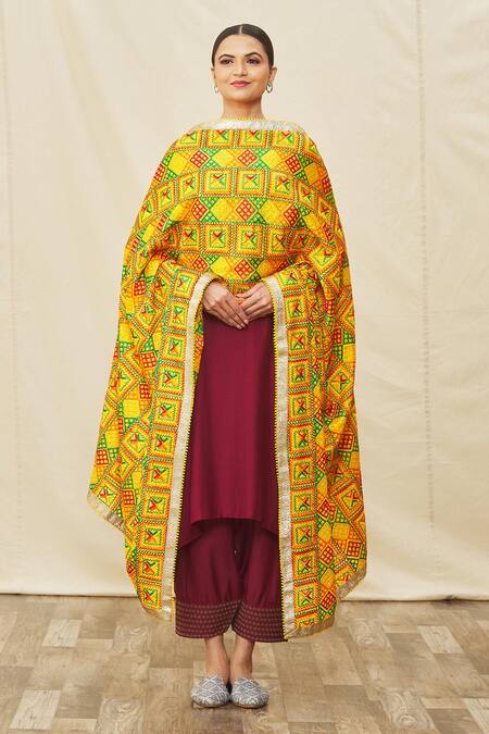 Shop_Naintara Bajaj_Multi Color Cotton, Silk Embroidery Geometric Phulkari Work Dupatta_Online_at_Aza_Fashions