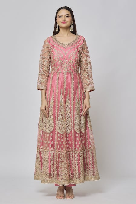 Samyukta Singhania Pink Net, Satin Sequins, Embroidery Round Neck Flower Vine Cluster Anarkali Set Online at Aza Fashions Samyukta Singhania_Pink Net, Satin Sequins, Embroidery Round Neck Flower Vine Cluster Anarkali Set _Online_at_Aza_Fashions