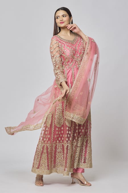 Buy Samyukta Singhania Pink Net, Satin Sequins, Embroidery Round Neck Flower Vine Cluster Anarkali Set Online at Aza Fashions Buy_Samyukta Singhania_Pink Net, Satin Sequins, Embroidery Round Neck Flower Vine Cluster Anarkali Set _Online_at_Aza_Fashions