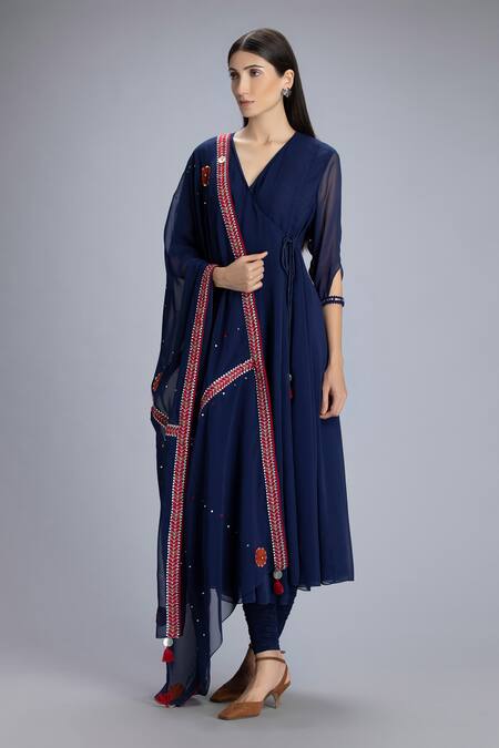 AMPM Blue Viscose Georgette Anarkali With Embroidered Dupatta Set