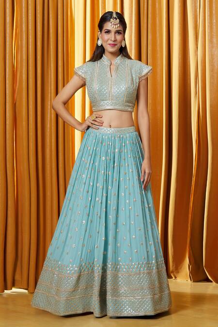 Aariyana Couture_Blue Georgette, Crepe Sequins, Beads, Tassels Embroidered Butti Lehenga Set_Online_at_Aza_Fashions