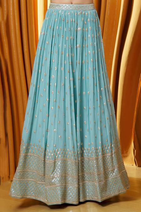Shop_Aariyana Couture_Blue Georgette, Crepe Sequins, Beads, Tassels Embroidered Butti Lehenga Set