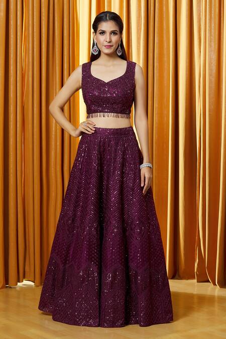 Alaya Advani_Wine Net, Lining Butter Crepe Sequin Leaf Neck Embellished Lehenga Set_Online_at_Aza_Fashions