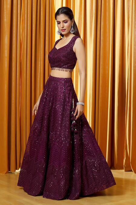 Shop_Alaya Advani_Wine Net, Lining Butter Crepe Sequin Leaf Neck Embellished Lehenga Set_Online_at_Aza_Fashions