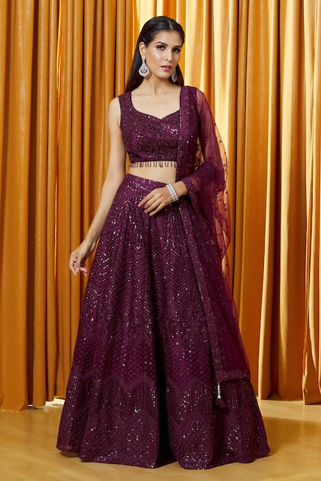 Alaya Advani_Wine Net, Lining Butter Crepe Sequin Leaf Neck Embellished Lehenga Set_at_Aza_Fashions