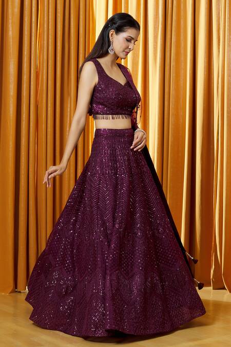 Buy_Alaya Advani_Wine Net, Lining Butter Crepe Sequin Leaf Neck Embellished Lehenga Set