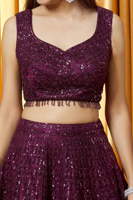 Shop_Alaya Advani_Wine Net, Lining Butter Crepe Sequin Leaf Neck Embellished Lehenga Set