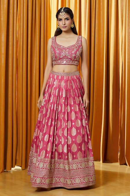 Alaya Advani Red Patterned Lehenga Set With Embellished Blouse Online at Aza Fashions Alaya Advani_Red Patterned Lehenga Set With Embellished Blouse_Online_at_Aza_Fashions