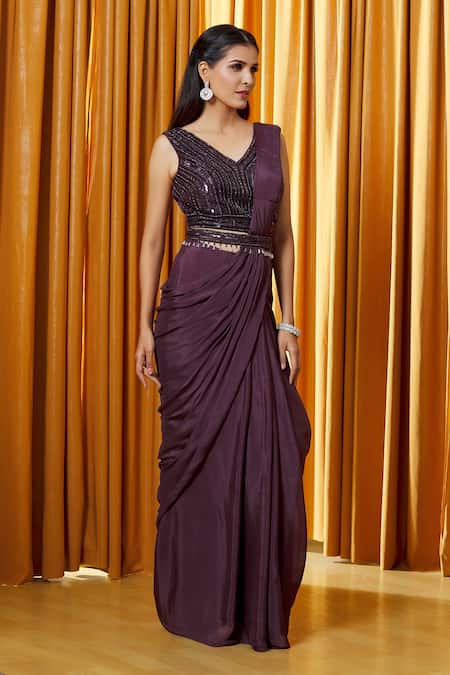 Buy Wine Chinon Embroidered Sequin V Neck Pre-draped Saree Set With Belt  For Women by Alaya Advani Online at Aza Fashions.