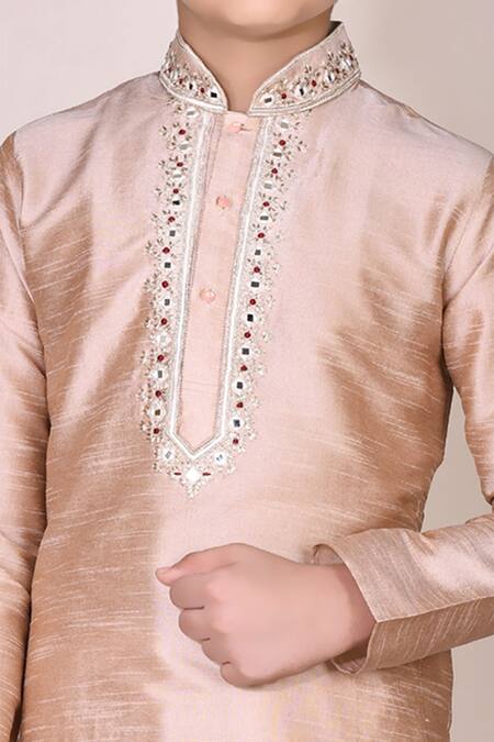 Shop Petite Pomme Beige Silk Embroidery Kurta Set Online at Aza Fashions Shop_Petite Pomme_Beige Silk Embroidery Kurta Set_Online_at_Aza_Fashions