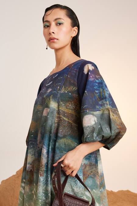 Cord_Blue Cotton Embroidery Round Neck Underwater Print Umbrella Dress_Online_at_Aza_Fashions