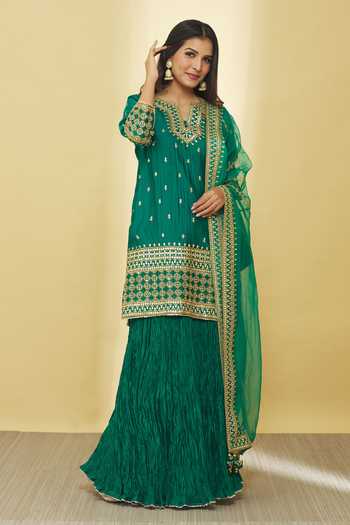 Surbhi Shah Green Silk, Organza Embroidery, Gota Patti, Sequins, Dori Kurta Skirt Set Online at Aza Fashions Surbhi Shah_Green Silk, Organza Embroidery, Gota Patti, Sequins, Dori Kurta Skirt Set _Online_at_Aza_Fashions