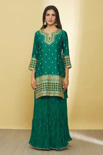 Shop Surbhi Shah Green Silk, Organza Embroidery, Gota Patti, Sequins, Dori Kurta Skirt Set Online at Aza Fashions Shop_Surbhi Shah_Green Silk, Organza Embroidery, Gota Patti, Sequins, Dori Kurta Skirt Set _Online_at_Aza_Fashions