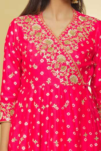 Shop_Surbhi Shah_Red Silk, Organza Embroidery, Gota Patti V-neck Bandhej Print Angarkha Set _Online_at_Aza_Fashions
